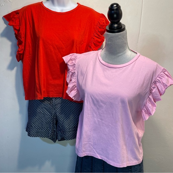 Zara Tops - #0256 pkg of 2 Zara Red & Pink Short T’s w/Ruffle Cap Sleeves-M
